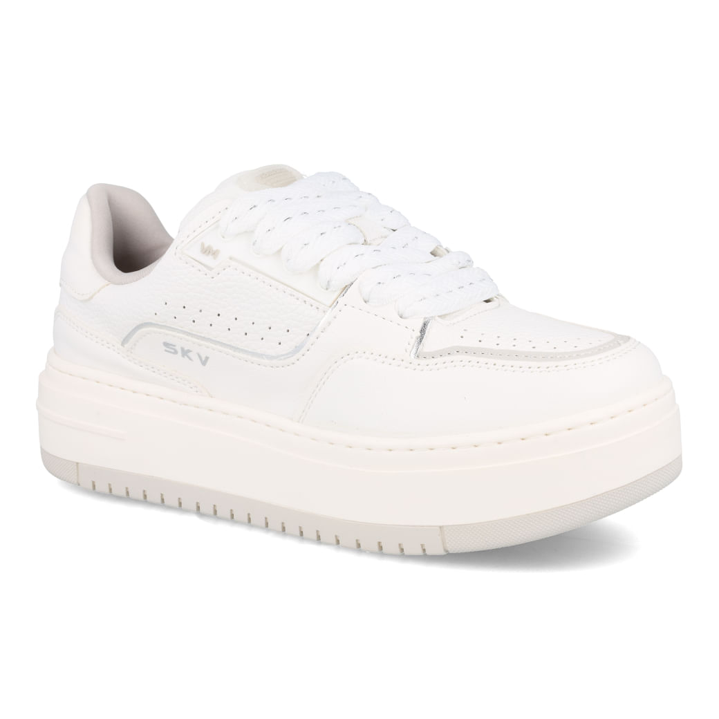 Tênis casual feminino branco com detalhes prata destacando conforto e estilo